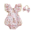 Toddler Girls Floral Bunny Print Lace Trim Flutter Sleeve Romper with Bow Headband Easter Outfit Set 2 Pieces