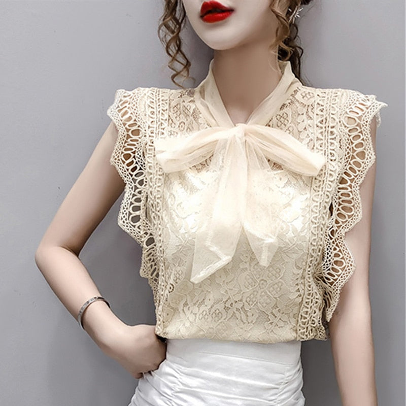 Solid Hollow Out Shirt Korean Fashion Clothing Vintage Sleeveless 2023 Womens Tops and Blouses Lace Patchwork Blusas 9811