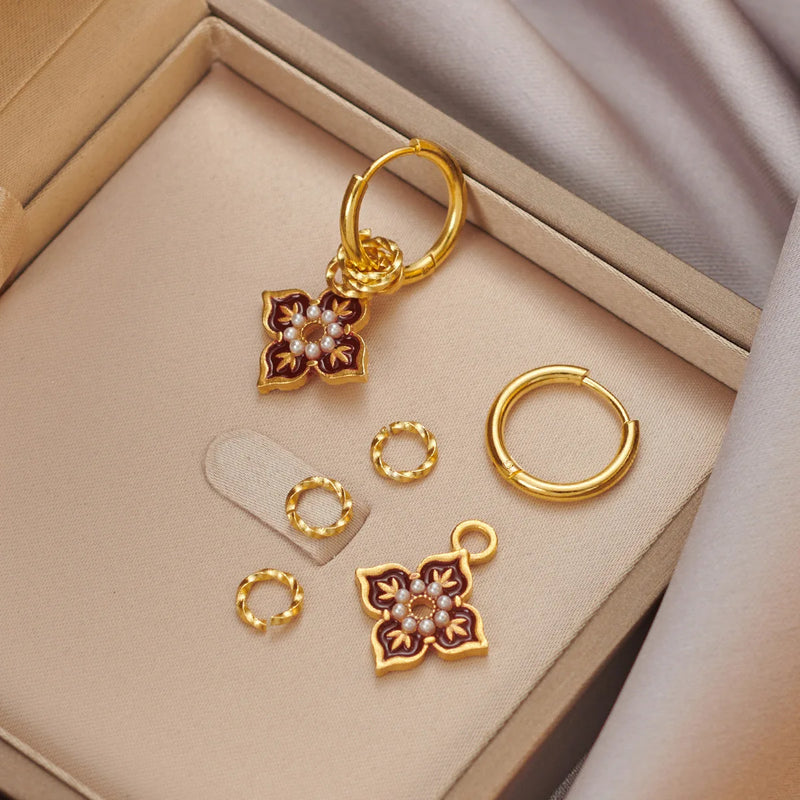 Ethnic Chinese Colorful Enamel Earrings for Women Retro Design Gold Plated Flower Shaped Multiple Wear Ways Luxury Jewelry Gifts
