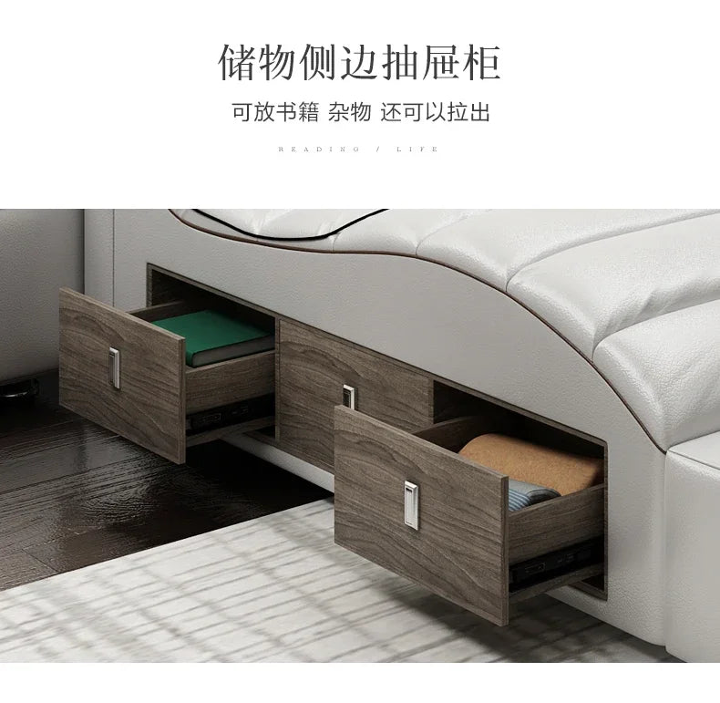 Tech Smart Bed Ultimate Camas - Multifunctional Massage Bed with Dresser Cabinet, Stool, Drawers, Storage and Bookcase