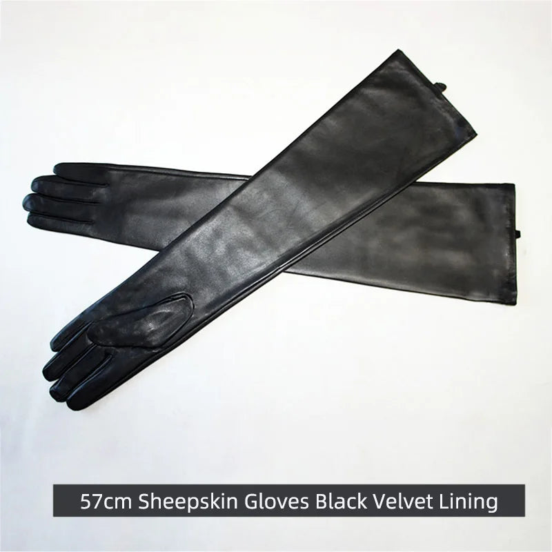 Long Sheepskin Gloves Women's Genuine Leather 58cm Length Sleeve Velvet Lining Keeps Warm in Autumn and Winter