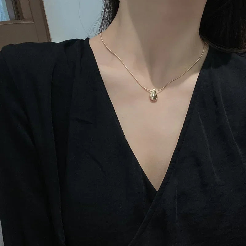 2pcs Simple Gold Color Geometric Water Drop Smooth Pendant Necklace Retro Personality Women's Necklace Clavicle Chain Jewelry