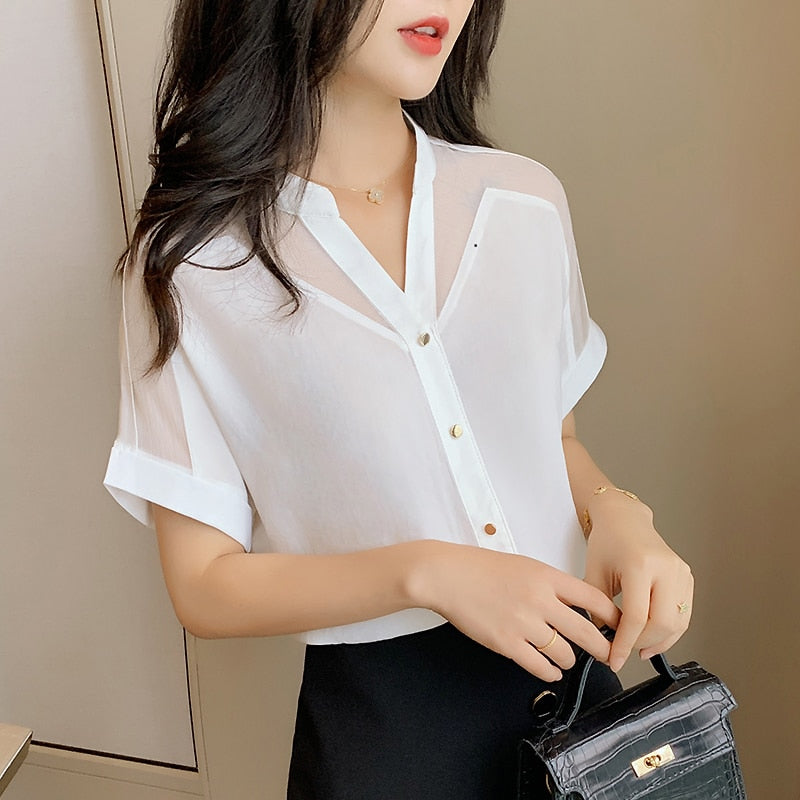 2023 Summer New Style Short-Sleeved Top Women Fashion Solid Color Mesh V-neck Women Shirts Pullover Chiffon Women Blouse 9632