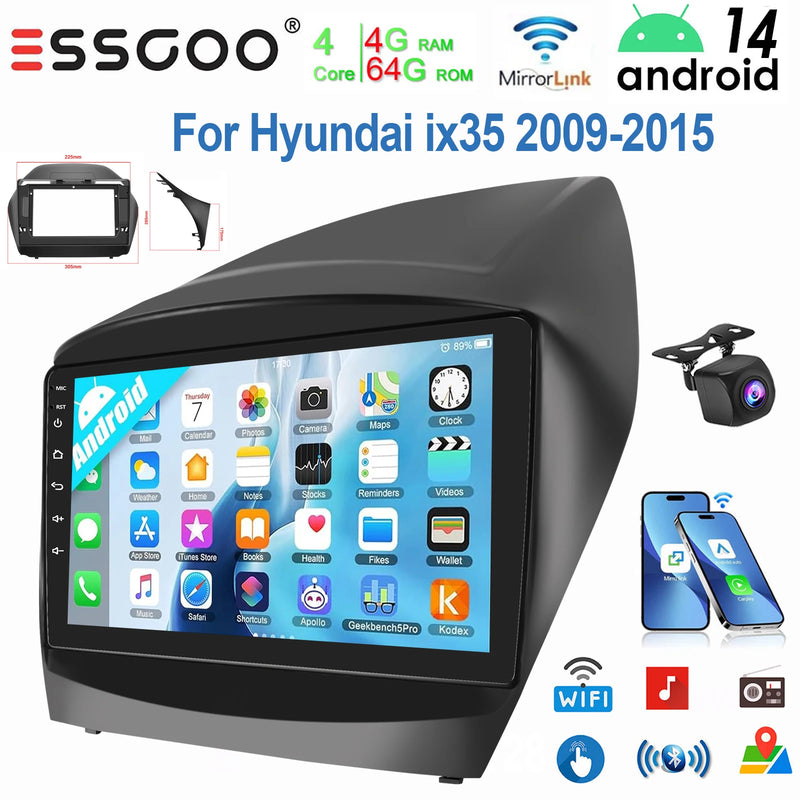 ESSGOO 9" Android 14 Display Car Stereo Radio GPS Navigation For Hyundai ix35 2009-2015 Carplay Android Auto SWC USB Wifi BT FM