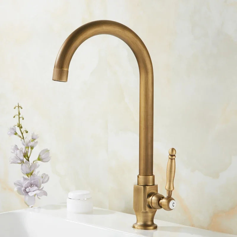 Kitchen Faucet Single Cooling Antique Brass Balcony Sink Faucet Vanity 360°Swivel Rotate Spout Only Cold Water Tap