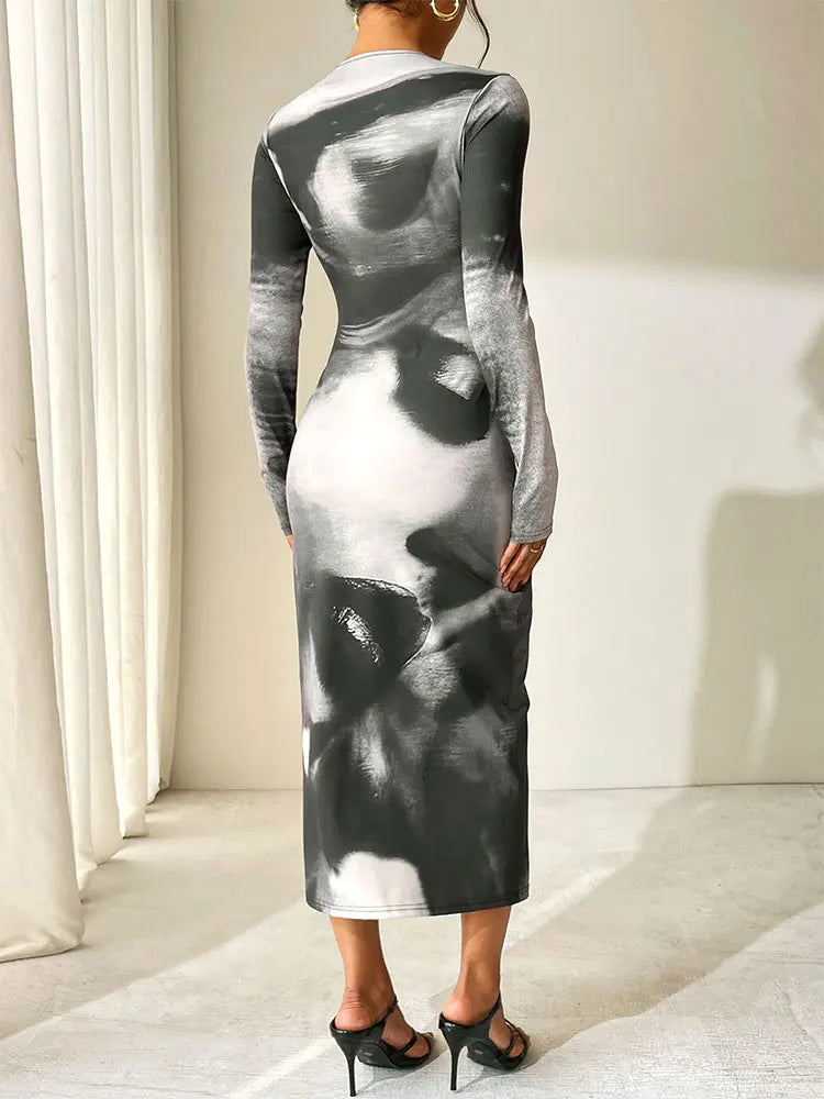 Spring New Women's Maxi Dresses Clubwear Fashion Long Sleeves Tie-Dye O-Neck Slim Dress Black Sexy Lady Elegant Dresses Clothing