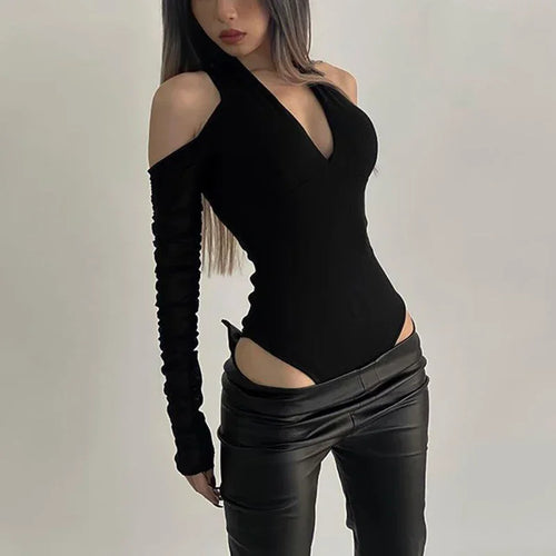 2025 Sommer Damen T-Shirts Langarm T-Shirts Frauen Sexy Schwarze Neckholder Rückenfreie Tops Neue Trendige Mädchen Designer Geraffte Kleidung