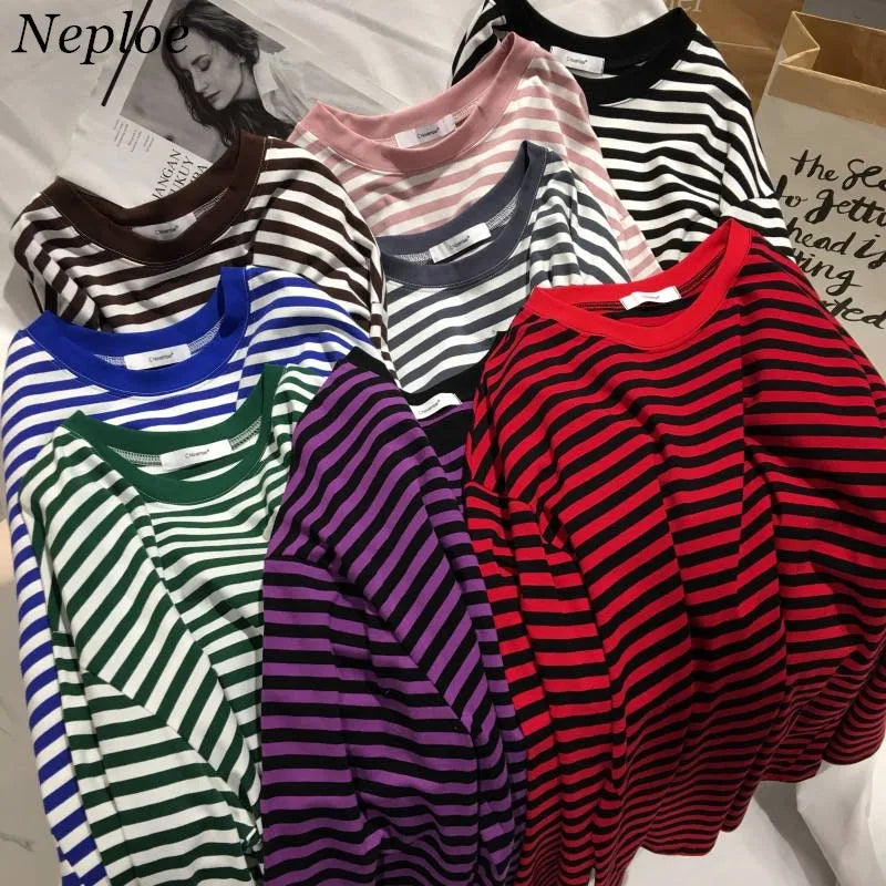 Neploe 2024 Autumn Striped Sweaters Medium-long Causal Pullovers Thin O-neck Top Korean Streetwear  Women Hoody Pull Femme