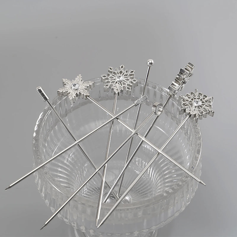 4 cocktail picks, stainless steel polished metal creative salad fruit picks, snow Geometric Skull Christmas kitchen tools