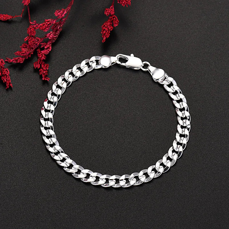 Hot high quality 925 Sterling silver charm 7MM Chain bracelets neckalces jewelry set for man women fashion Party wedding gifts