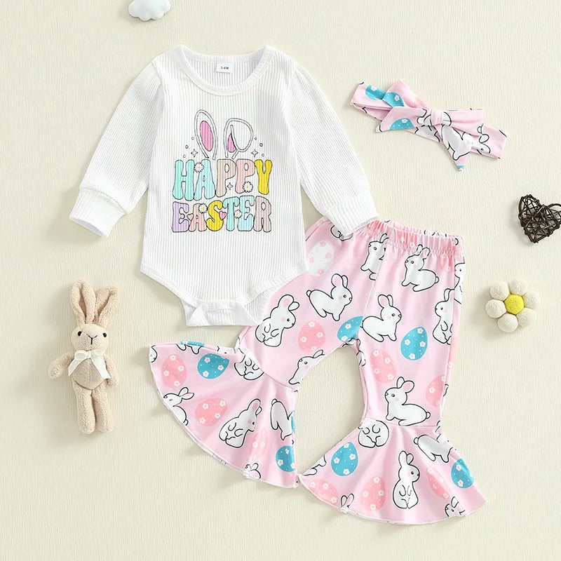 Adorable Baby Girl Easter Outfits with Cute Bunny Print Long Sleeve Romper Flare Pants and Matching Headband - 3 Piece Set