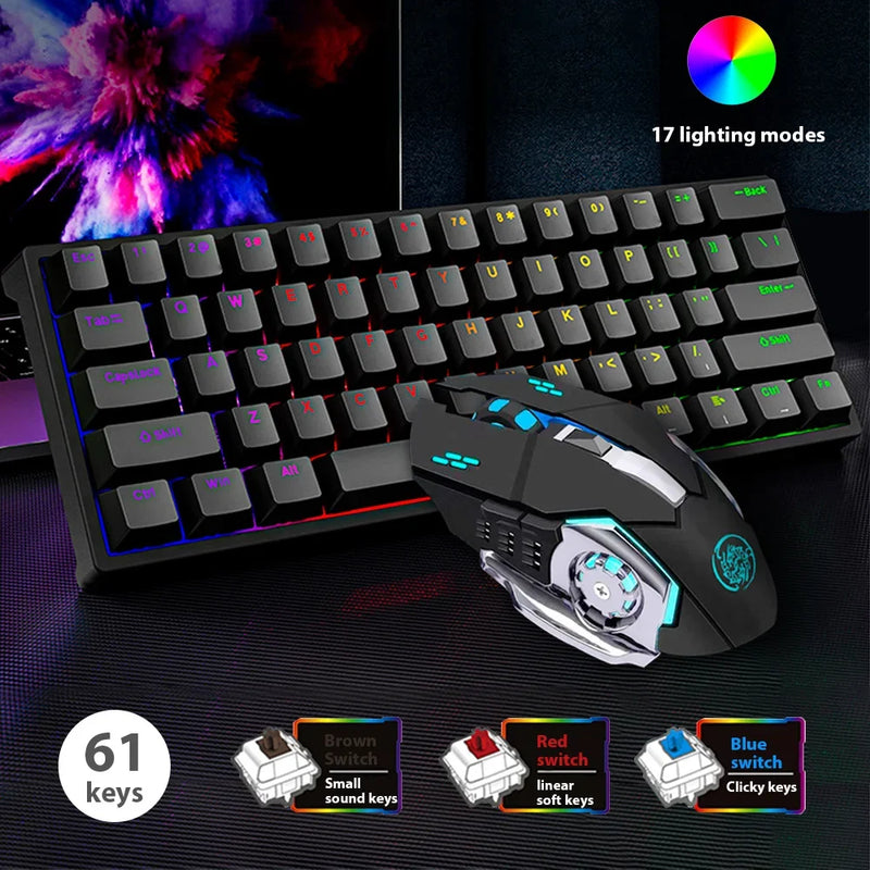 61 Keys Mechanical Keyboard Wired USB Mechanical Keyboard LED Wireless Mouse for Computer Laptop Mechanical Keyboard Mouse Set