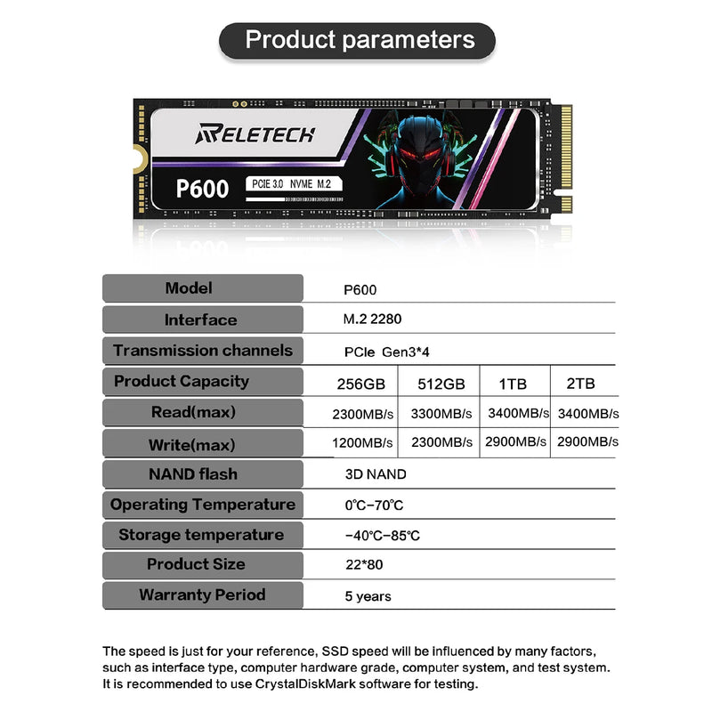 Reletech P600 M2 SSD NVMe 1TB 2TB 512GB 256GB SSD M.2 2280 PCIe Gen3.0x4 Internal Solid State Drive Hard Disk For Laptop Desktop