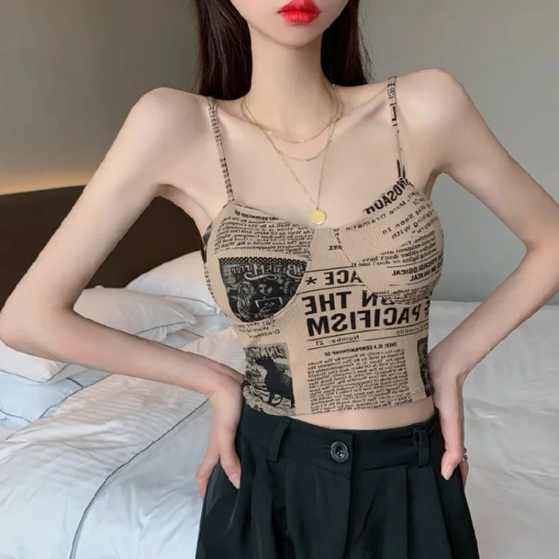 Women Push Up Camisole Padded Bra Sexy Top Suspender Tanks Fashion Printed Newspaper Camis Female Soft Sleeveless Tube Tops
