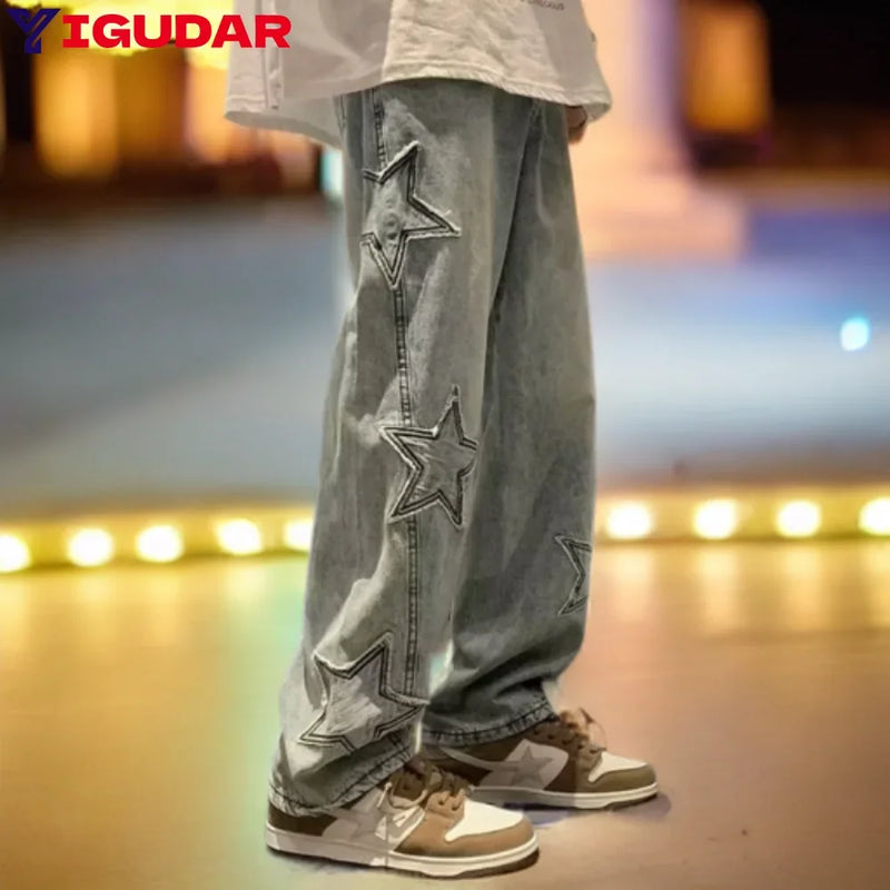 Star Embroidery Straight Casual Men Jeans Gothic Neutral New Wide Leg Loose Hip-hop Streetwear Denim Trousers Y2K pants man