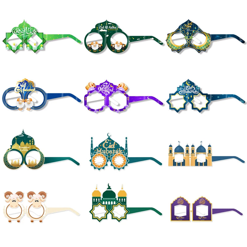 12/6pcs EID Mubarak Decoration Paper Glasses Frame Ramadan Islamic Muslim Photo Booth Props Kids Gift Eid Al Adha Party Supplies