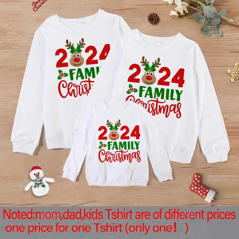 2024 Family Christmas&deer Print Family Together Matching Sweatshirt Casual Christmas Hoodie Christmas Day Holiday Clothes Tops