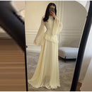 Fashion Flare Sleeve Ruff Long Dress Women Solid O-neck High Waist Slim Pleated Maxi Dresses 2025 Lady Summer Chic Party Robes