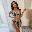 Simplejewel EU Plus Size Women Rave Rainbow See Through Mesh Bikini Cover Ups Sexy Hollow Out 2 Piece Crop Top Mini Skirt
