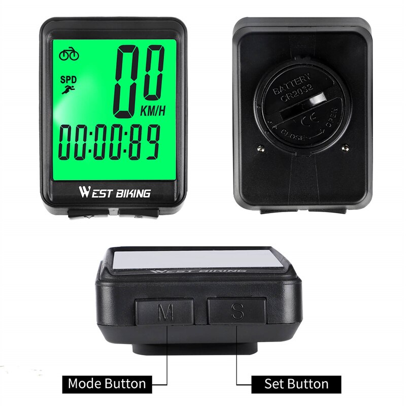 WEST BIKING Waterproof Wireless Bicycle Computer Wired LED Speedometer MTB Bike Cycling Odometer Stopwatch White Green Backlight