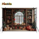Christmas Toy Bear Gift Room Background Photography Kids Baby Show Wooden Bookshelf Window Backdrop Winter Xmas Tree Gift Booth