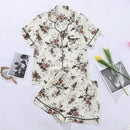 Summer Women's Pajamas Sets Short Sleeve Notched Collar Top Tee Button Down Elastic Waist Shorts Home Suit Loungewear Sleepwear