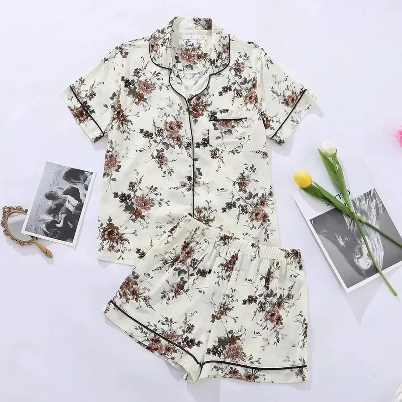 Summer Women's Pajamas Sets Short Sleeve Notched Collar Top Tee Button Down Elastic Waist Shorts Home Suit Loungewear Sleepwear