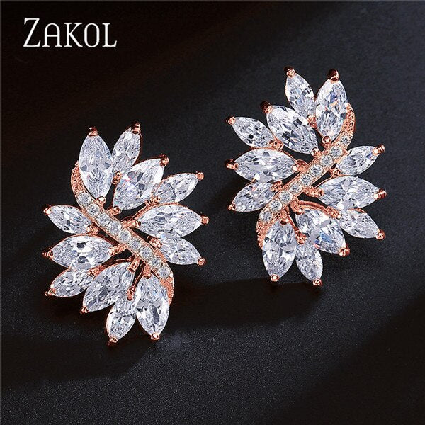 ZAKOL Delicate Cubic Zircon Crystal Stud Earrings for Women Fashionable White Color Flower Handmade Wedding Jewelry EP480