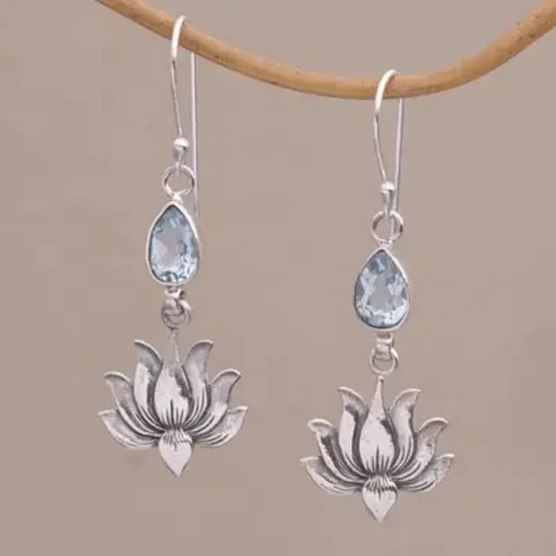 1Pair Retro Silver Color Lotus Pendant Water Drop Blue Stone Dangles Earrings For Women Jewelry Daily Party Decoration