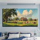Charming vintage farmhouse canvas painting - gold frame, with cattle and old barns, 1.5 inch thick pine solid wood frame