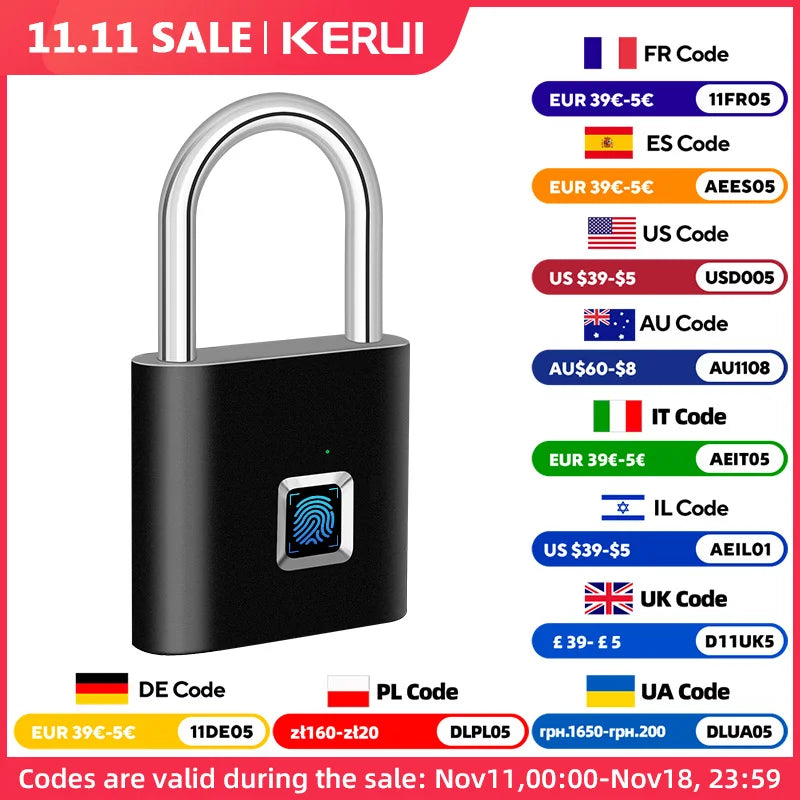 KERUI Keyless USB Charging Fingerprint Lock Smart Padlock Waterproof Door Lock 0.2sec Unlock Portable Anti-theft Padlock Zinc