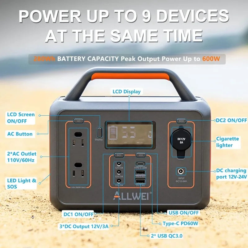 ALLWEI Portable Power Station 300W(Peak 600W), 280Wh Solar Generator with USB-C PD60W, 110V Pure Sine Wave AC Outlet