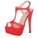 2026 New Women Sandals 14cm Sexy T-Strap Peep Toe Platform Summer Red Wedding Shoes Patent Leather Thin High Heels Big Size 44