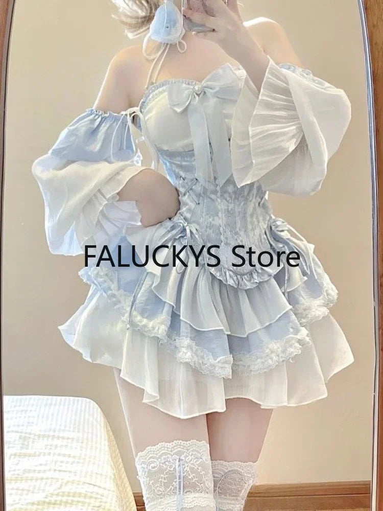 2024 Summer Blue Lolita Clothing Suit Slim Vest + Kawaii Y2k Mini Dress Elegant Short Party Dress Japanese Style Fashion Suit