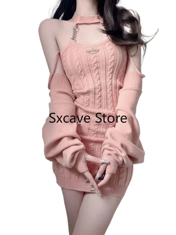 2023 Autumn Pink Knitted Suits Office Lady Casual Y2k Crop Tops + Mini Dress Korea Fashion Clothing Even Party 2 Piece Dress Set