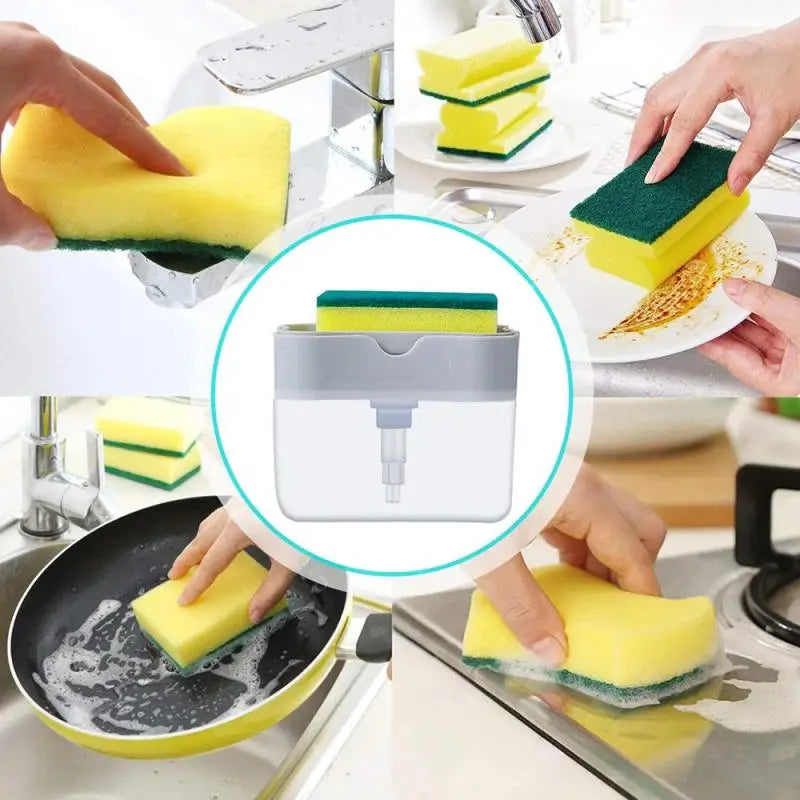 Press Soap Dispenser Box Scrubbing Liquid Container Kitchen Bathroom Automatic Detergent Foam Delivery Box with Sponge Holder