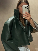 Retro Crocodile Pattern Short Women's Leather Jacket High Collar Zipper Loose Long Sleeve Jackets 2026 Lady Street Daily Wear