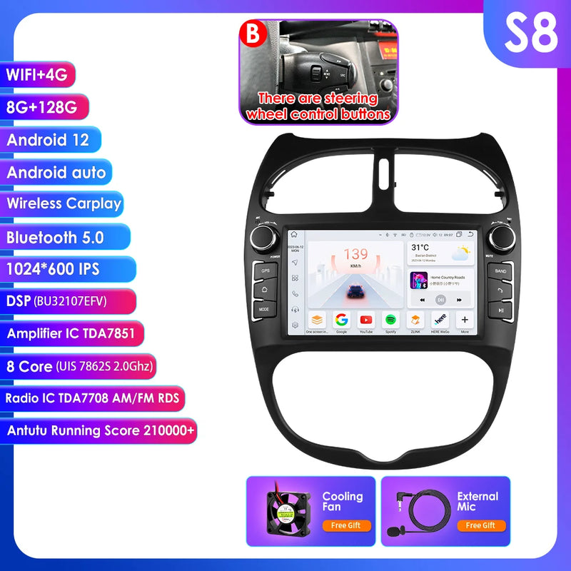 Hizpo 2Din 7inch Android Car Radio for Peugeot 206 206CC 206SW 2000 - 2008 Multimedia 4G BT Auto CarPlay GPS RDS DSP Stereo