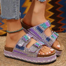 New Women's Rhinestone Thick Sole Twine Double Buckle Sandals, Soft Comfortable Women's Beach Slippers Large size