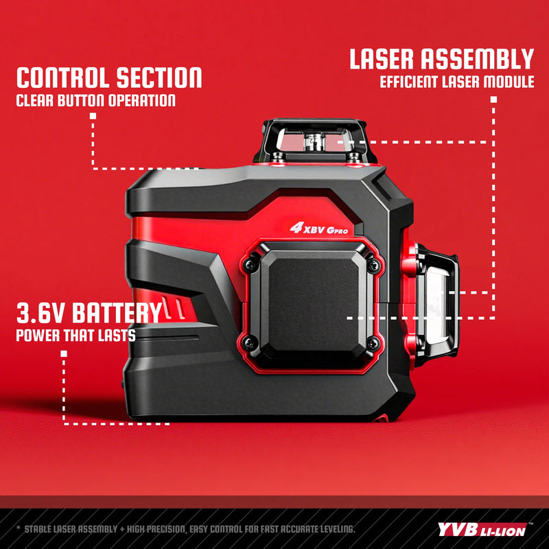 YEVOLT YVGLL4XS12 Series Green Laser Level 3-Plane 12-Line Self-leveling 360 3D Horizontal & Vertical 3.6V 3Ah Power Tools