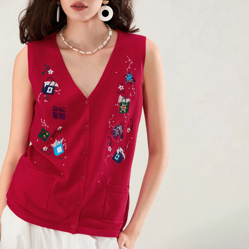 Fashion Women Christmas Sweater Vests Santa Claus Print Sleeveless Knit Cardigan Vest Christmas Holiday Tank Top Y2K Clothes