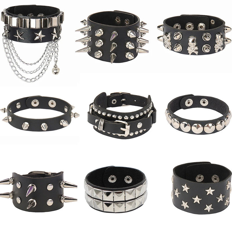 Black Leather Wristband Bracelet Cuff Goth Gothic Punk Bracelets Women Men Spikes Rivet Stud Bangle Cosplay Rock Unisex Jewelry