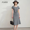 AMII Minimalist Summer Casual Dress for Women 2025 Solid Round Neck Sleeveless Dresses Lady Fashion Slim Straight Skirt 12512031