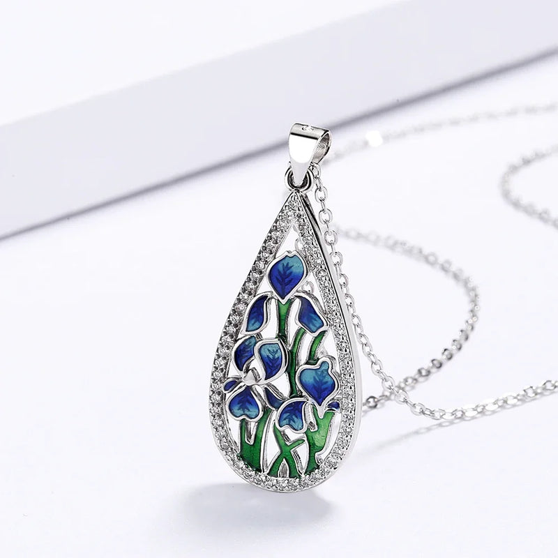 925 Silver Women's Necklace Fashion Blue Flower Ladies Pendant Handmade Enamel Jewelry Wedding Accessories Pendant Necklace