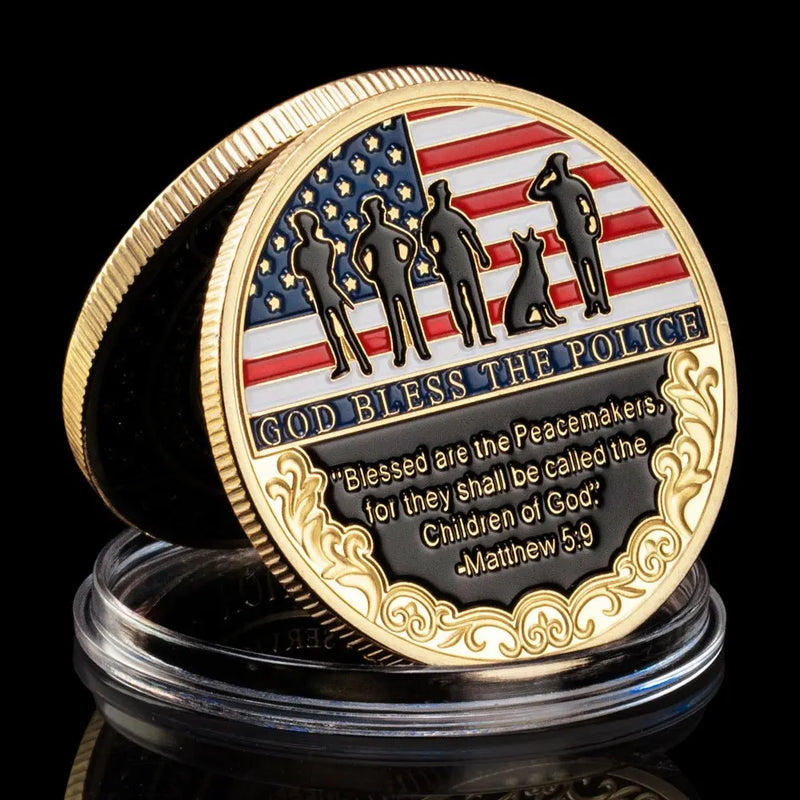 Thank You for Your Service Challenge Coin Prayer God Bless The Police Thin Blue Line Golden Plated Commemorative Coin