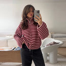 Casual Stripe Scarf Loose Top Women Fashion Full Sleeve O-neck Single Breasted Knitted Coats Female 2026 Autumn Lady Outwears