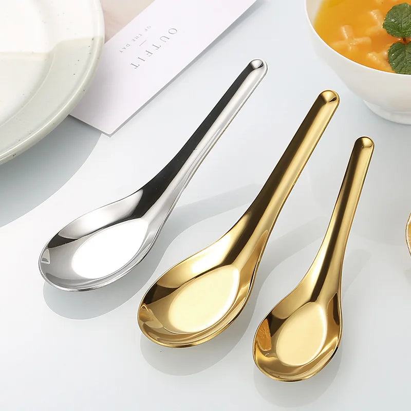 304 Stainless Steel Flat Bottom Rice Soup Spoon Silver Golden Mirror Polished Tableware Household rice spoon Kitchen supplies