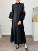 GVUW Women‘s New Pleated Dresses Round Collar Solid Color Appliques Loose Long Sleeve 2024 Spring Female Fashion Clothes 17J0207