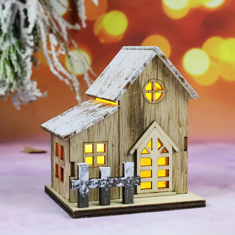 1Pcs Mini Christmas New Decorative Luminous Wooden House With Battery LED Small Xmas Room Desktop Pendant Kids DIY Decoration