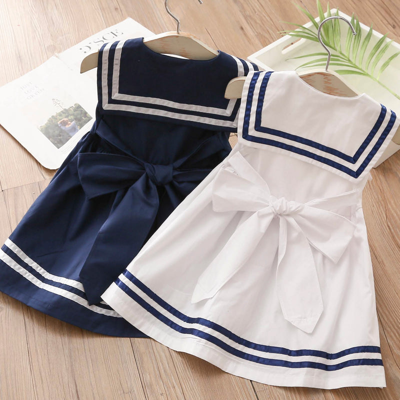 2023 Summer 2-10T Years Children Sweet Sleeveless Bow Sailor Collar Navy Blue White Patchwork Little Kids Girls Navy Vest Dress